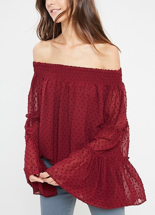 Smocked Sheer Off The Shoulder Bell Sleeved Swiss Dot Top - More Colors