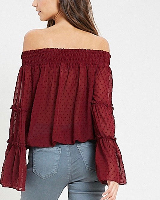 Smocked Sheer Off The Shoulder Bell Sleeved Swiss Dot Top - More Colors