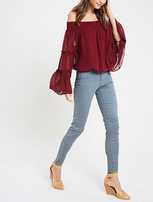 Smocked Sheer Off The Shoulder Bell Sleeved Swiss Dot Top - More Colors