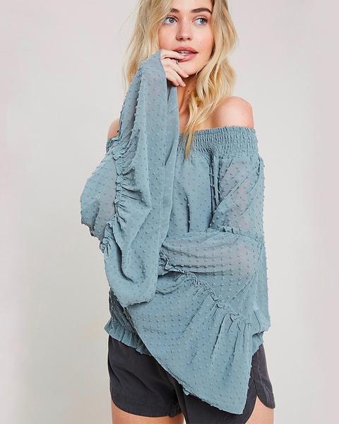 Smocked Sheer Off The Shoulder Bell Sleeved Swiss Dot Top - More Colors