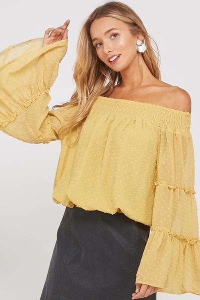 Smocked Sheer Off The Shoulder Bell Sleeved Swiss Dot Top - More Colors