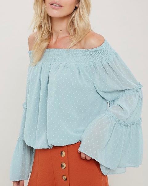Smocked Sheer Off The Shoulder Bell Sleeved Swiss Dot Top - More Colors