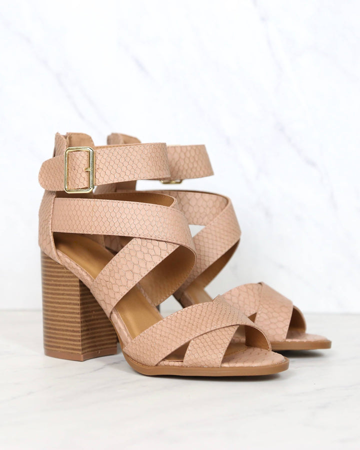 Sneaky Snake Textured Strappy Peep Toe Heeled Sandals in Dark Blush