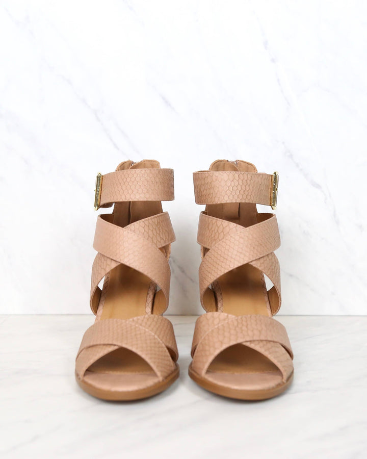 Sneaky Snake Textured Strappy Peep Toe Heeled Sandals in Dark Blush