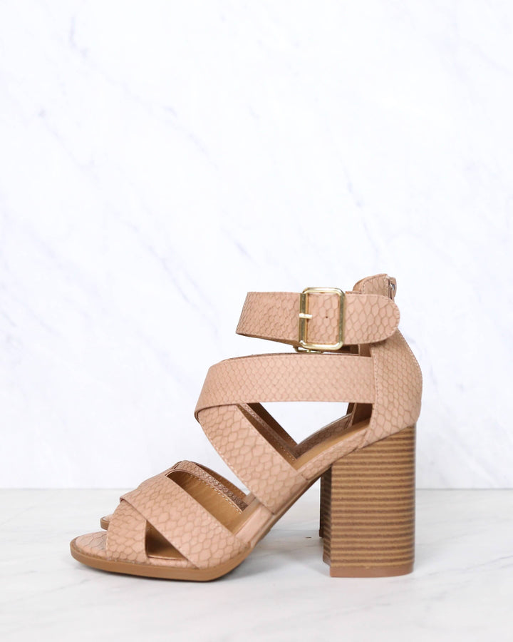 Sneaky Snake Textured Strappy Peep Toe Heeled Sandals in Dark Blush