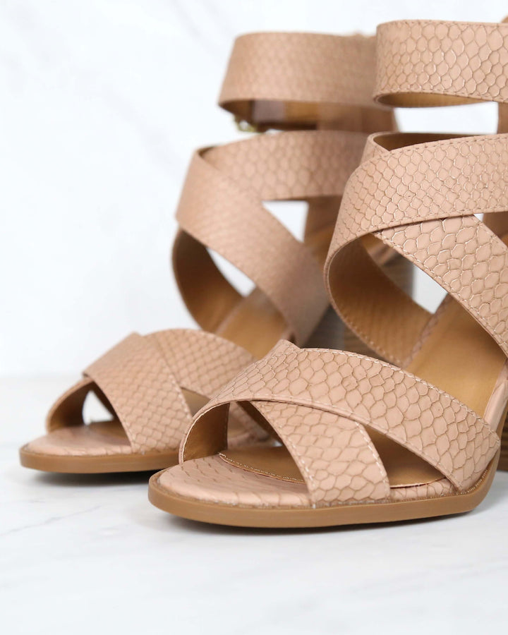 Sneaky Snake Textured Strappy Peep Toe Heeled Sandals in Dark Blush