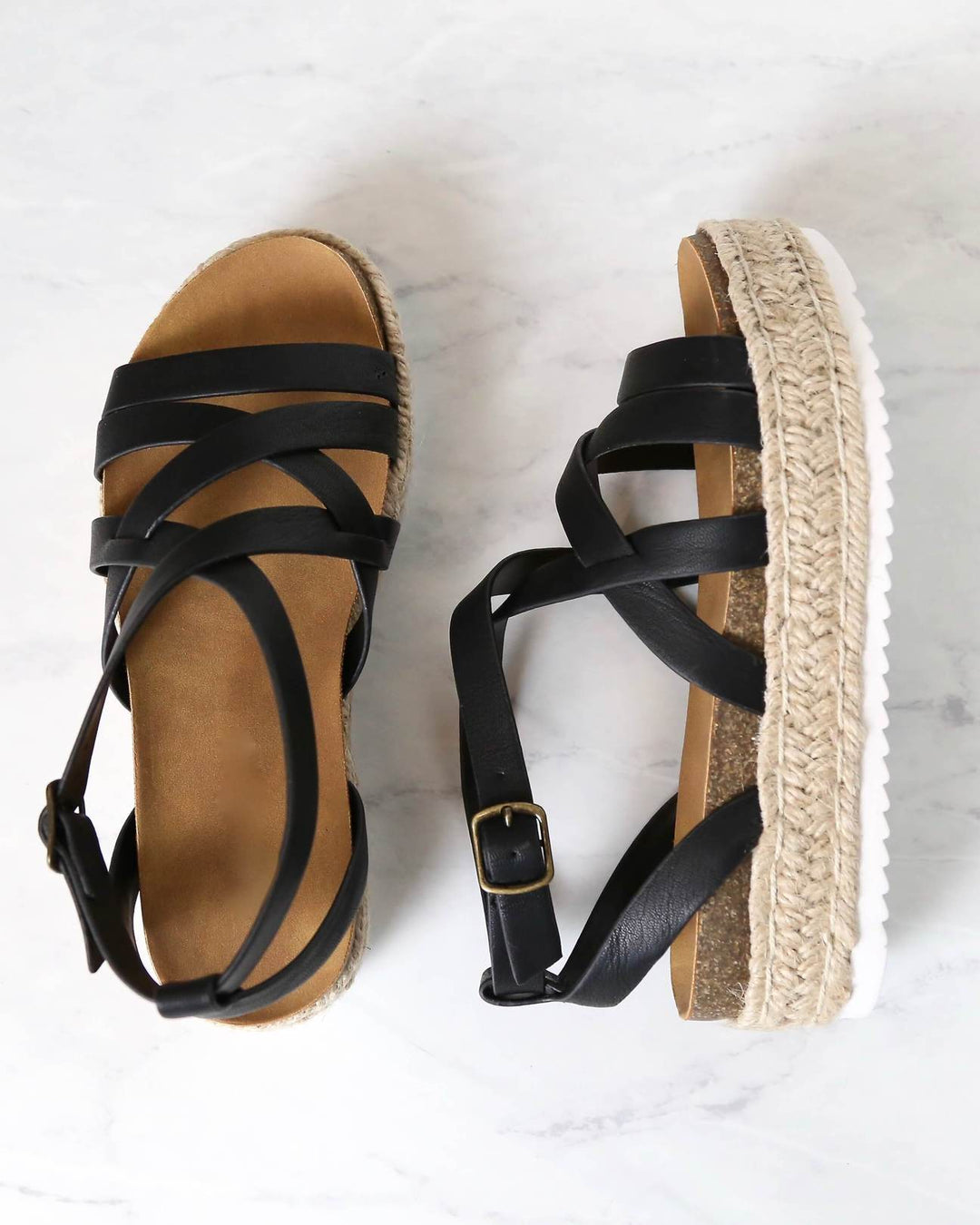 Strappy Sporty Espadrille Flatform Sandal Wedges - BLACK