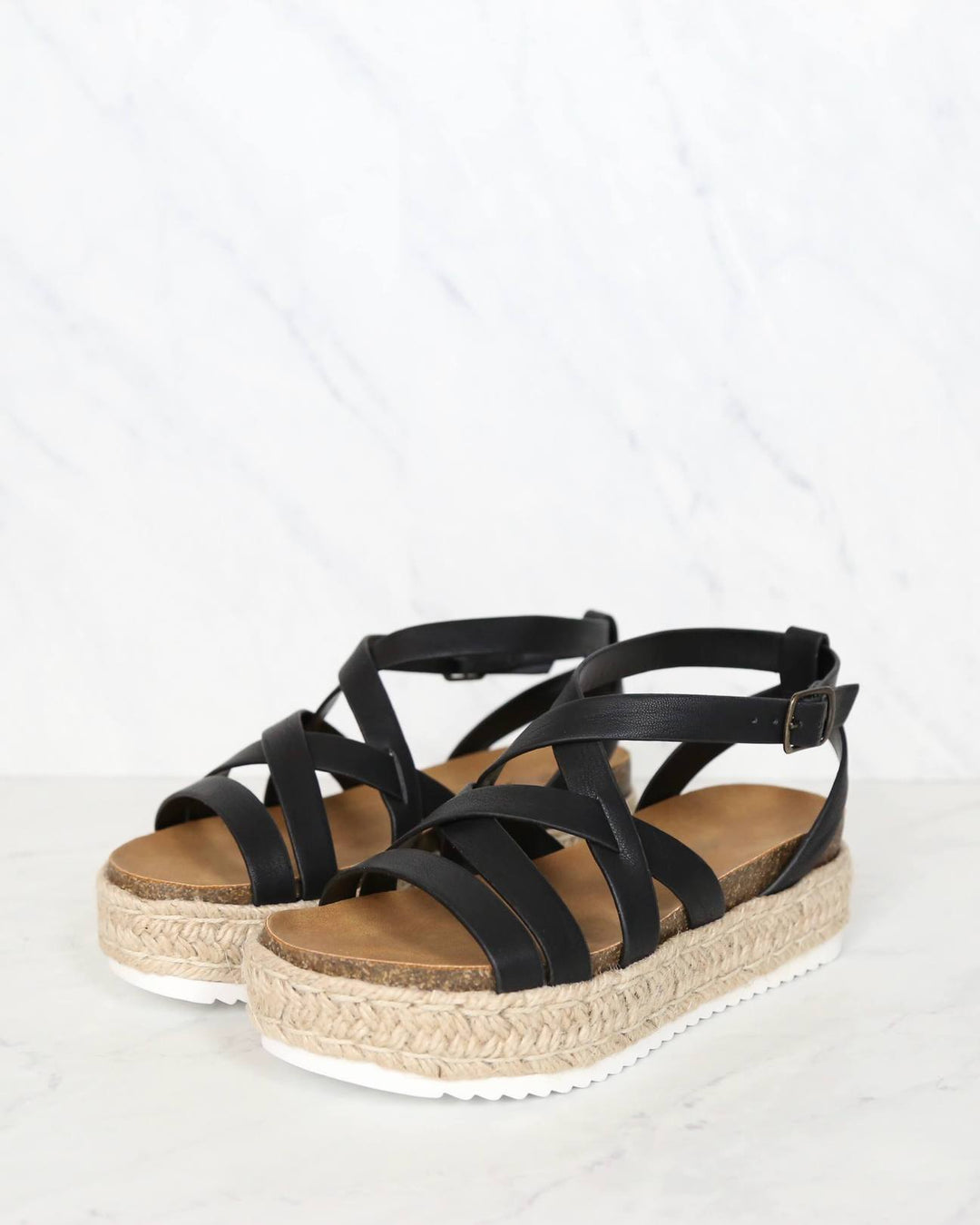 Strappy Sporty Espadrille Flatform Sandal Wedges - BLACK