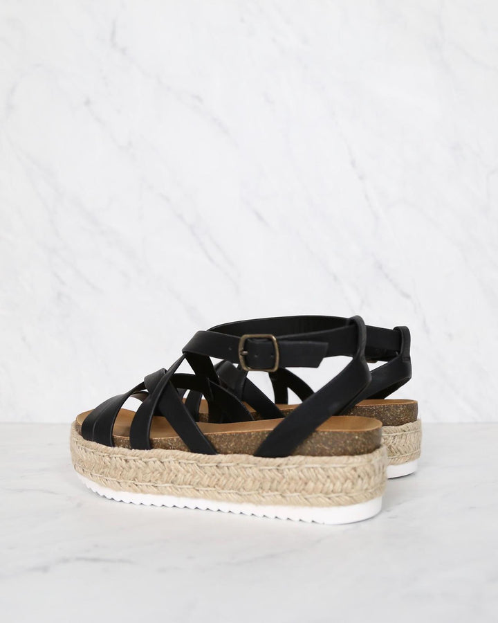 Strappy Sporty Espadrille Flatform Sandal Wedges - BLACK