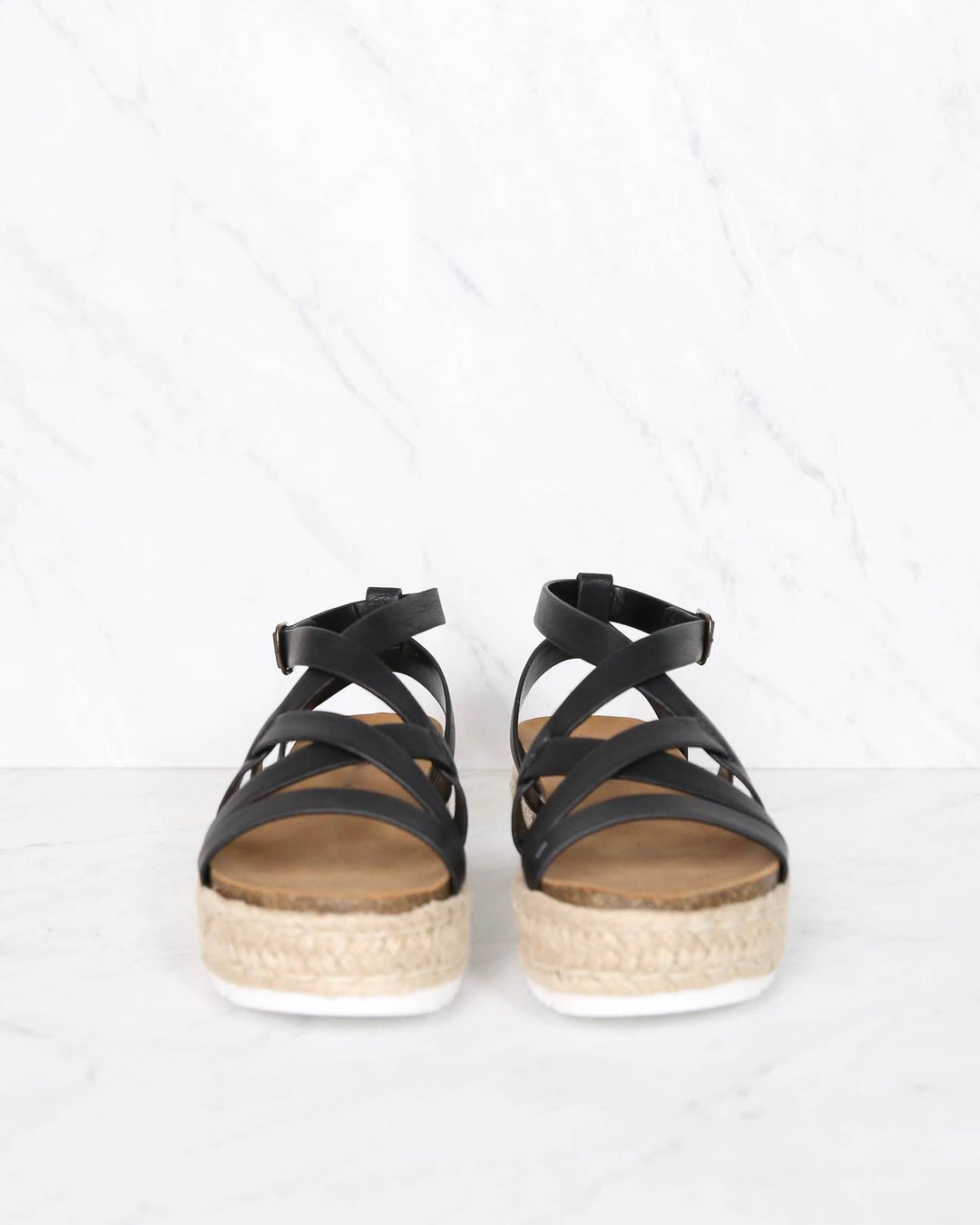 Strappy Sporty Espadrille Flatform Sandal Wedges - BLACK