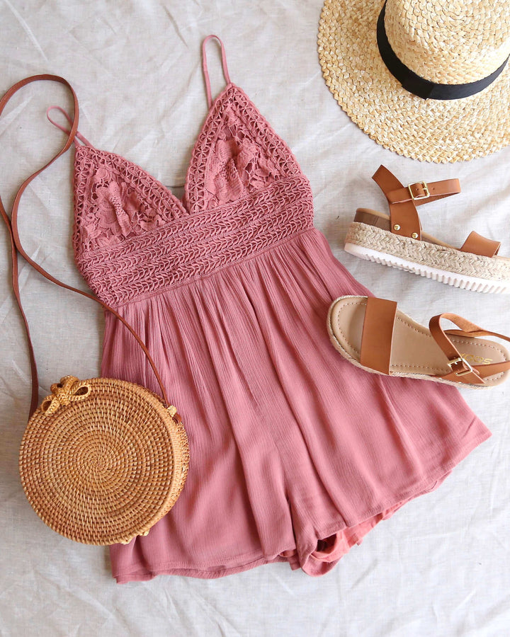 Solid Lace Inset Romper in Light Mauve