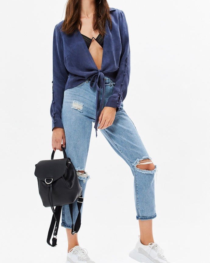 Final Sale - Somedays Lovin - Downtown Tie Front Shirt in Midnight Navy