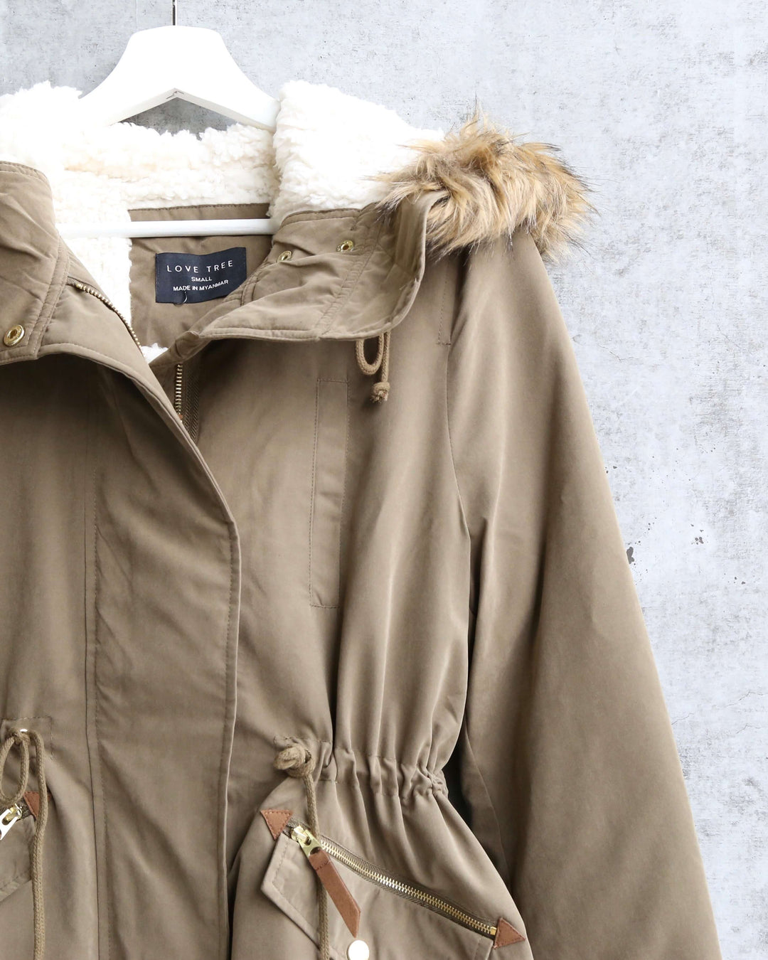 Stacie Faux Sherpa Lined Military Hooded Utility Parka Jacket in Olive