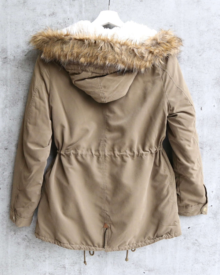 Stacie Faux Sherpa Lined Military Hooded Utility Parka Jacket in Olive