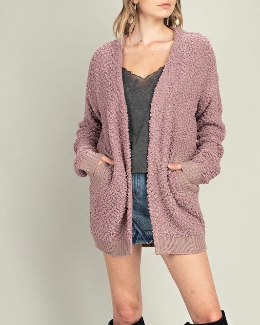 Stella Teddy Bear Popcorn Yarn Fuzzy Open Front Sweater Cardigan in Mauve