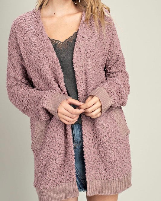 Stella Teddy Bear Popcorn Yarn Fuzzy Open Front Sweater Cardigan in Mauve