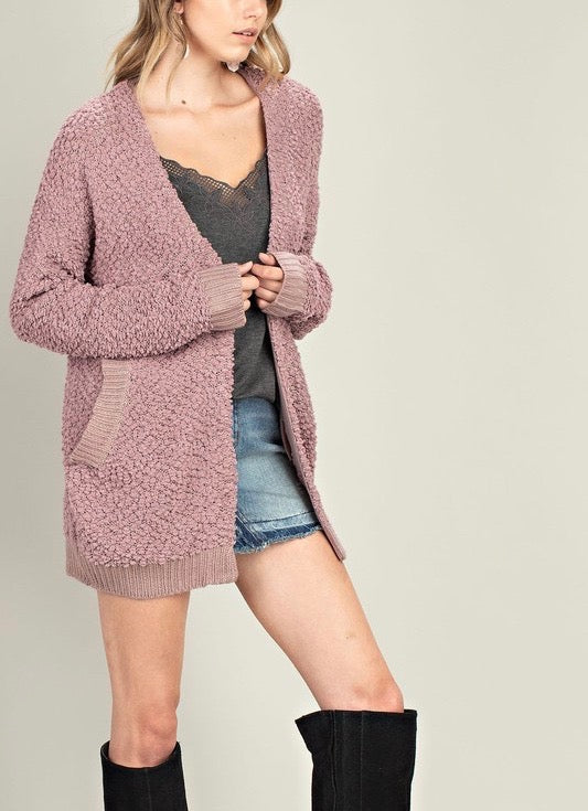 Stella Teddy Bear Popcorn Yarn Fuzzy Open Front Sweater Cardigan in Mauve