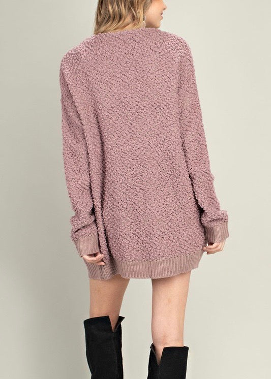 Stella Teddy Bear Popcorn Yarn Fuzzy Open Front Sweater Cardigan in Mauve