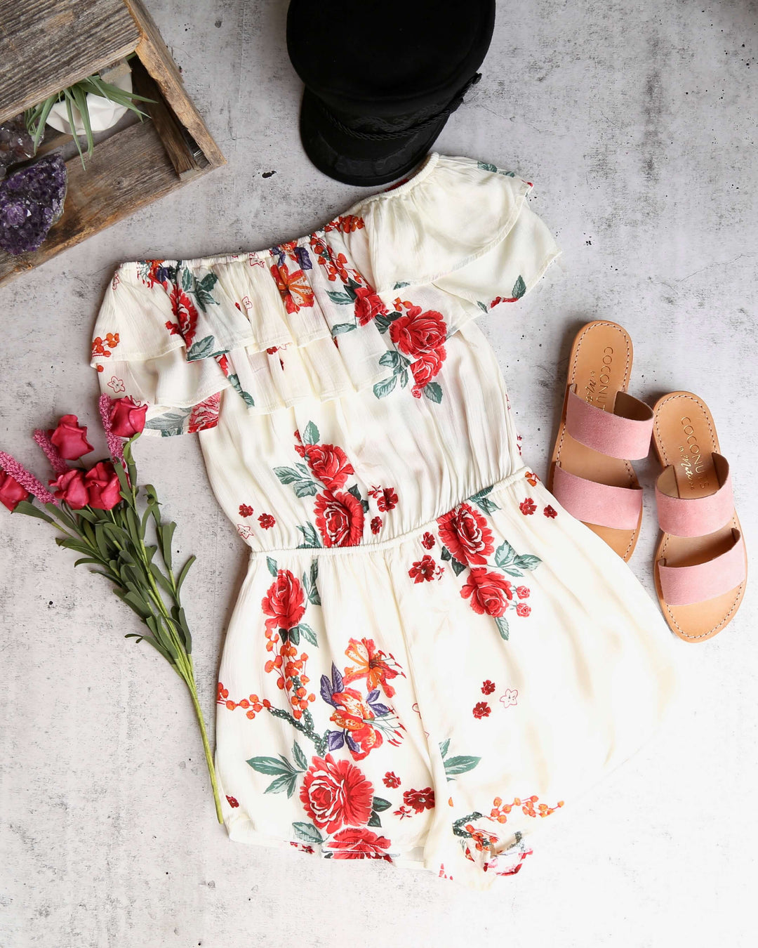 Final Sale - Slow Down - Off The Shoulder Woven Floral Ruffled Romper - Beige