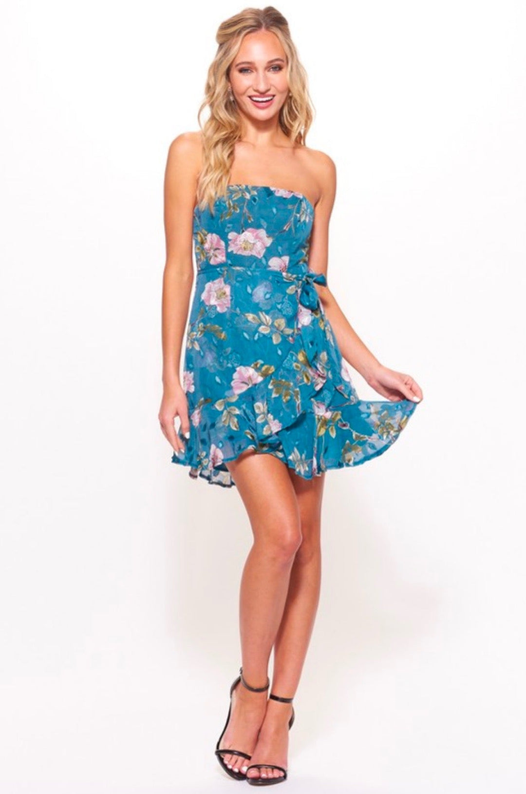 Strapless Floral Ruffled Wrapped Mini Dress in Teal