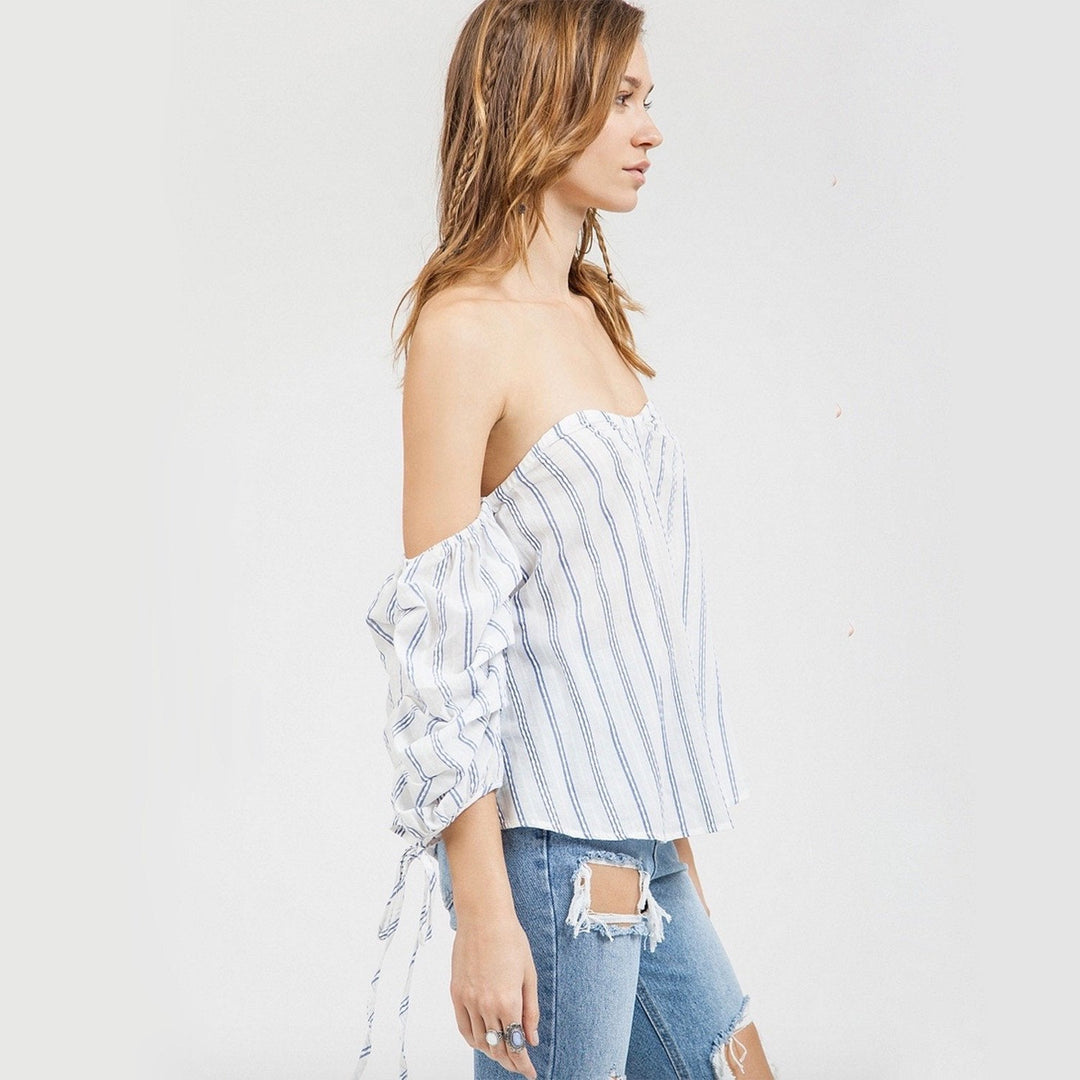 Final Sale - Blu Pepper - Off-The-Shoulder Striped Top - Ivory/Blue