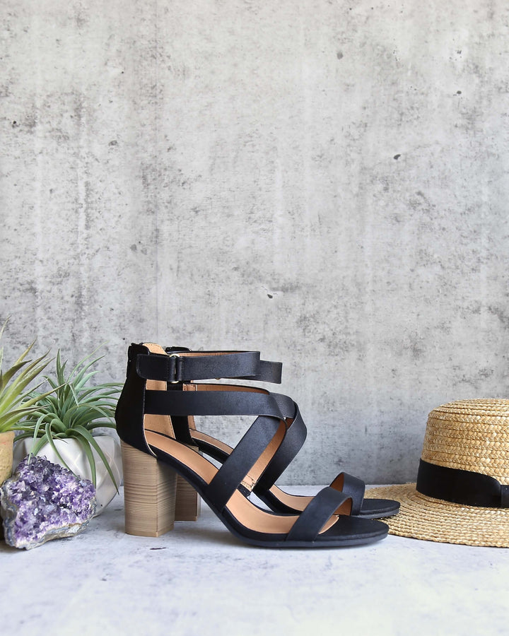 Lucite Vegan Strappy Block Heel Sandals in Black