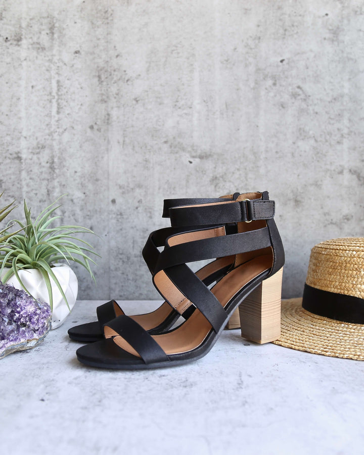 Lucite Vegan Strappy Block Heel Sandals in Black