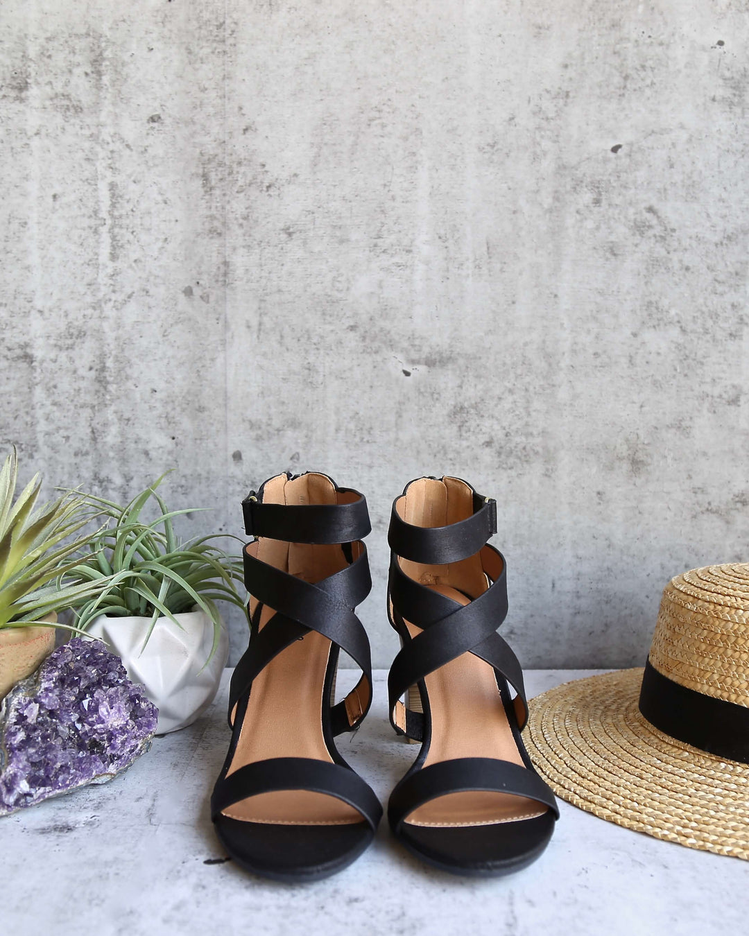 Lucite Vegan Strappy Block Heel Sandals in Black
