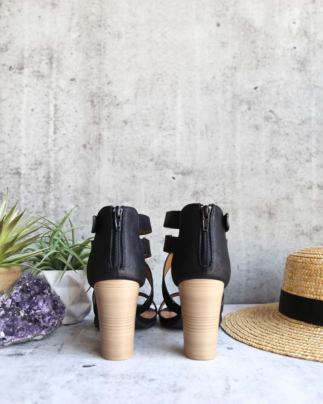 Lucite Vegan Strappy Block Heel Sandals in Black