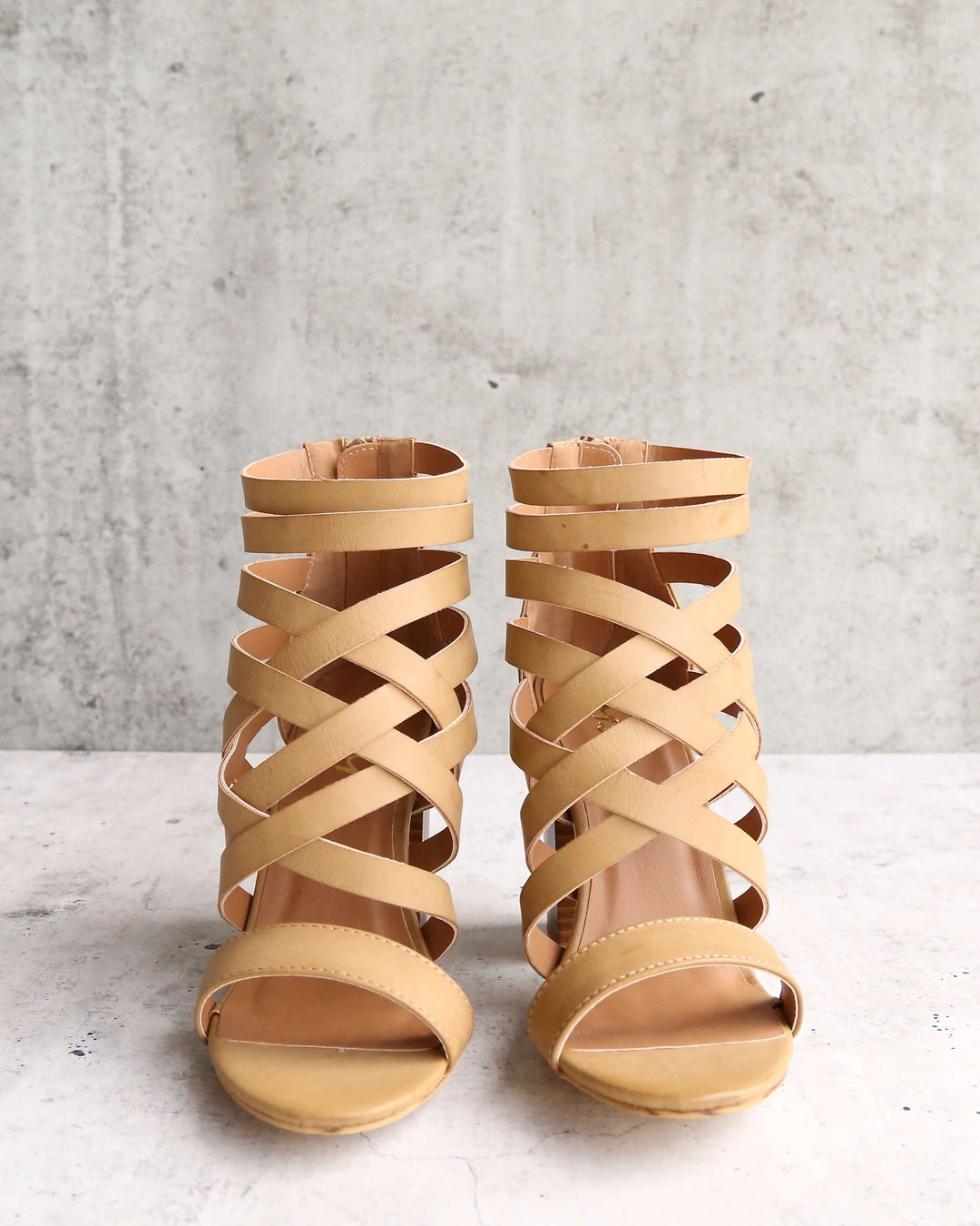 Final Sale - Strappy Stacked Heel Sandals in Khaki