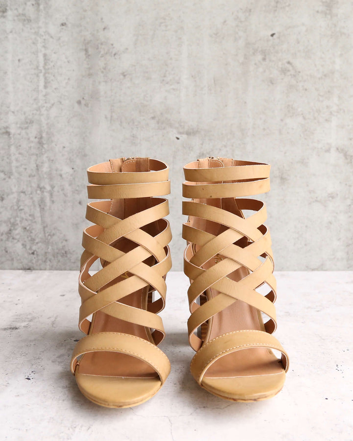 Final Sale - Strappy Stacked Heel Sandals in Khaki