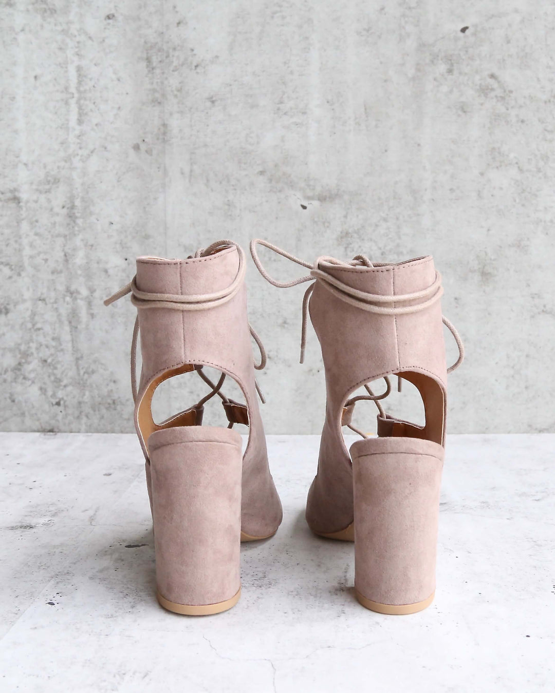 Suede Lace Up Heel Sandals in Taupe
