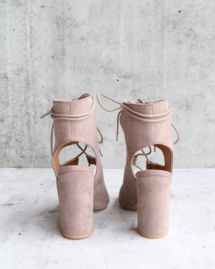 Suede Lace Up Heel Sandals in Taupe