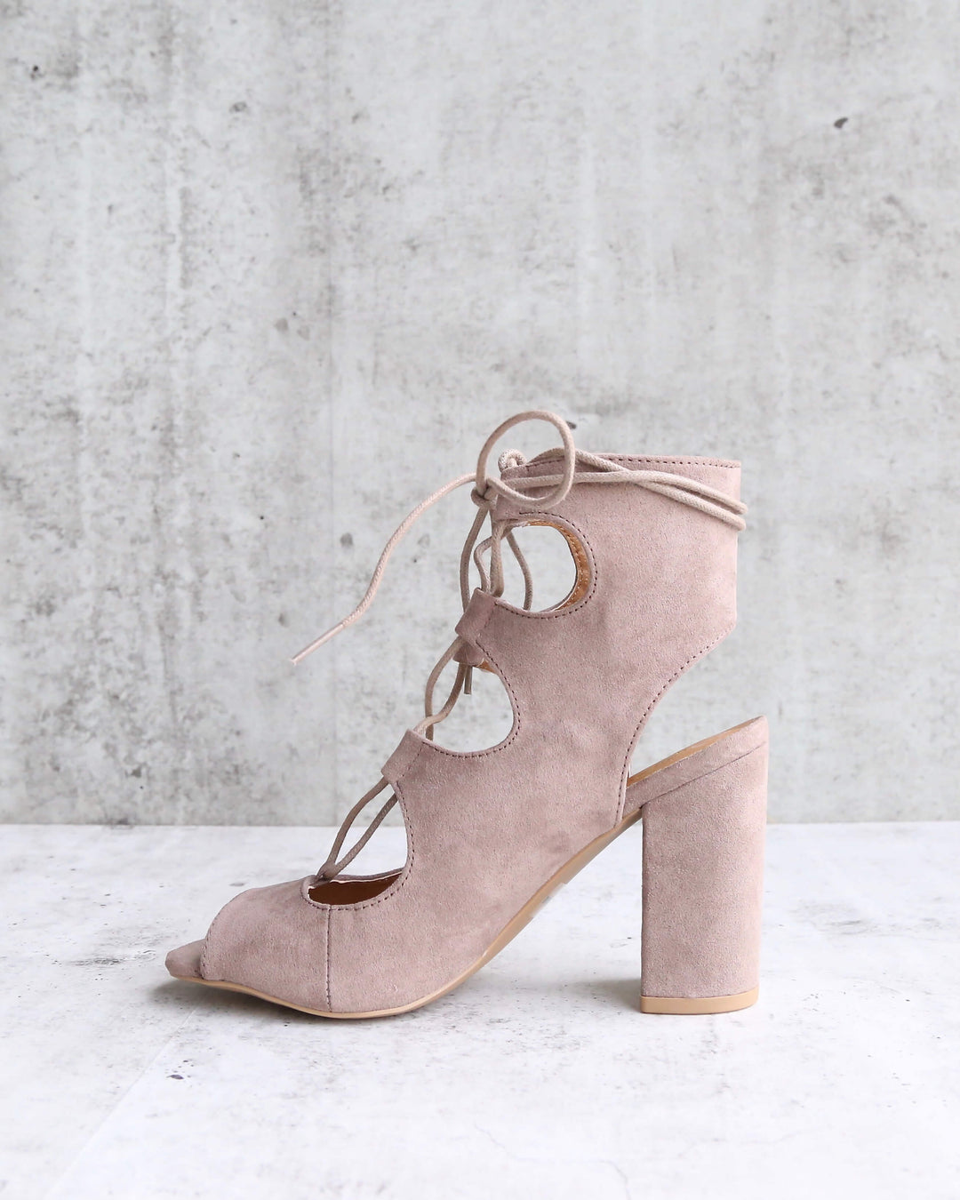 Suede Lace Up Heel Sandals in Taupe