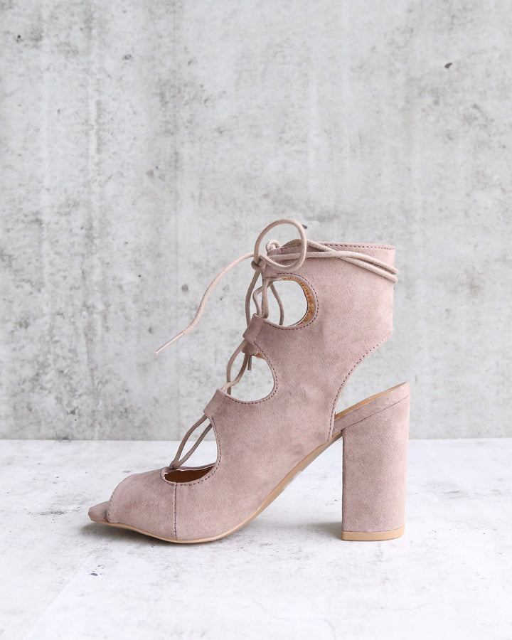Suede Lace Up Heel Sandals in Taupe