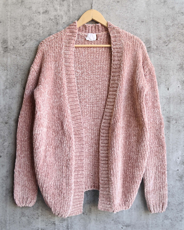 Cara Open Front Velvet Chenille Cardigan with Front Pocket in Canyon Rose