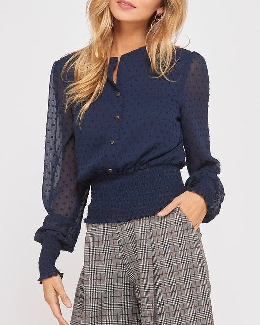 Swiss Dot Button Down Sheer Sleeve Blouse with Smocked Waist in Navy