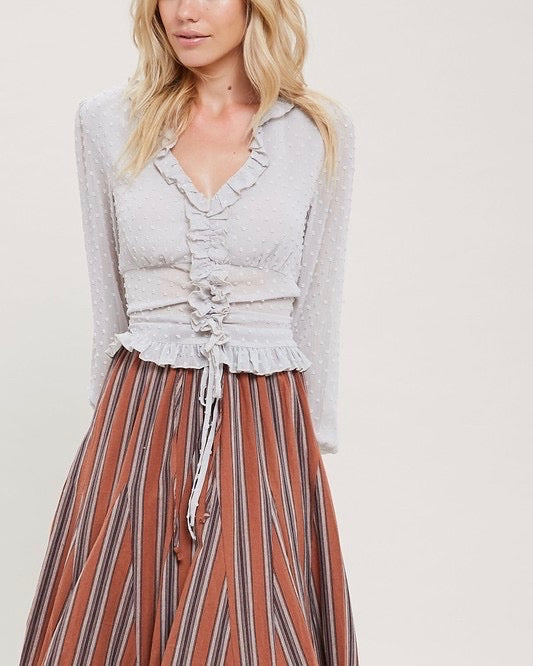 Swiss Dot Sheer Ruffled Front Self Tie Blouse in Silver
