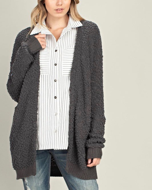 Final Sale - Stella Teddy Bear Popcorn Yarn Fuzzy Open Front Sweater Cardigan in Charcoal