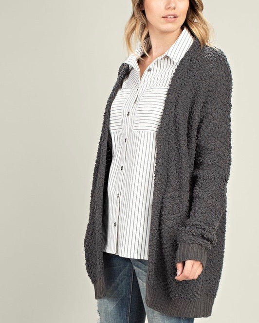 Final Sale - Stella Teddy Bear Popcorn Yarn Fuzzy Open Front Sweater Cardigan in Charcoal