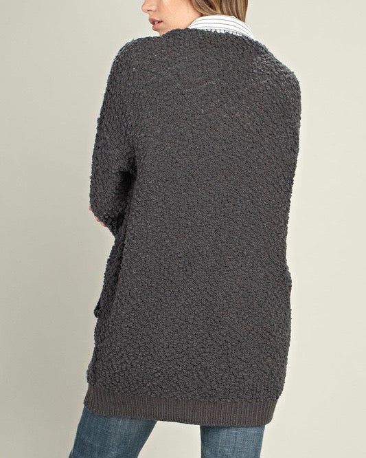 Final Sale - Stella Teddy Bear Popcorn Yarn Fuzzy Open Front Sweater Cardigan in Charcoal