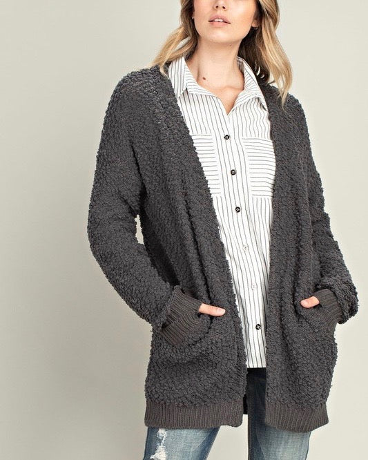 Final Sale - Stella Teddy Bear Popcorn Yarn Fuzzy Open Front Sweater Cardigan in Charcoal