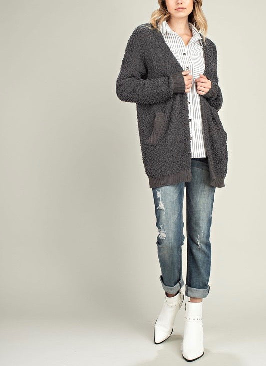 Final Sale - Stella Teddy Bear Popcorn Yarn Fuzzy Open Front Sweater Cardigan in Charcoal