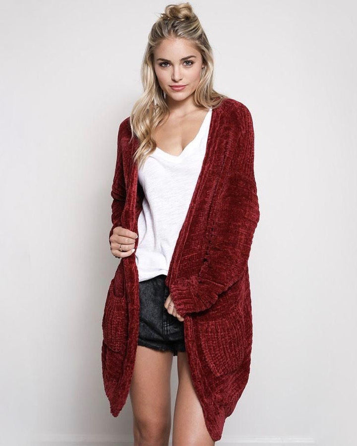 Textured Knit Shawl Cardigan in Burgundy