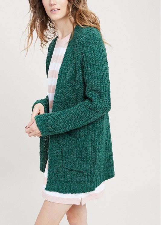 Textured Sweater Knit Long Sleeve Open Front Cardigan with Pocket in Green