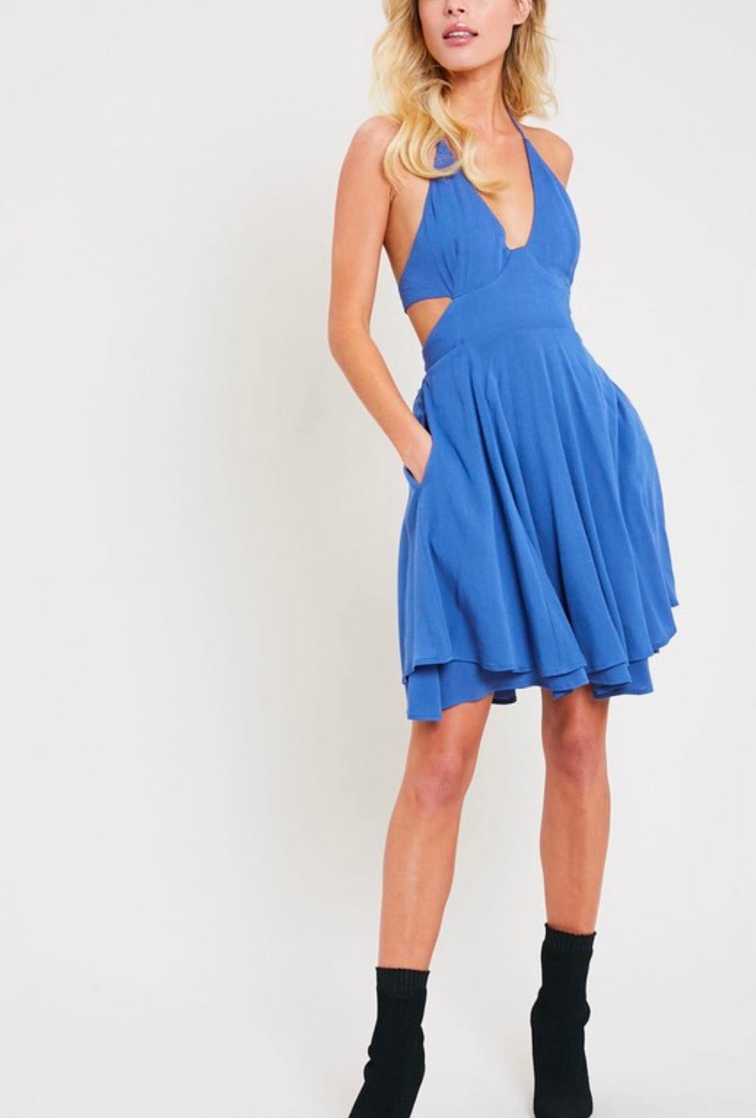 The One That I Want Open Back Halter Neck Flare Dress with Pockets in Blue