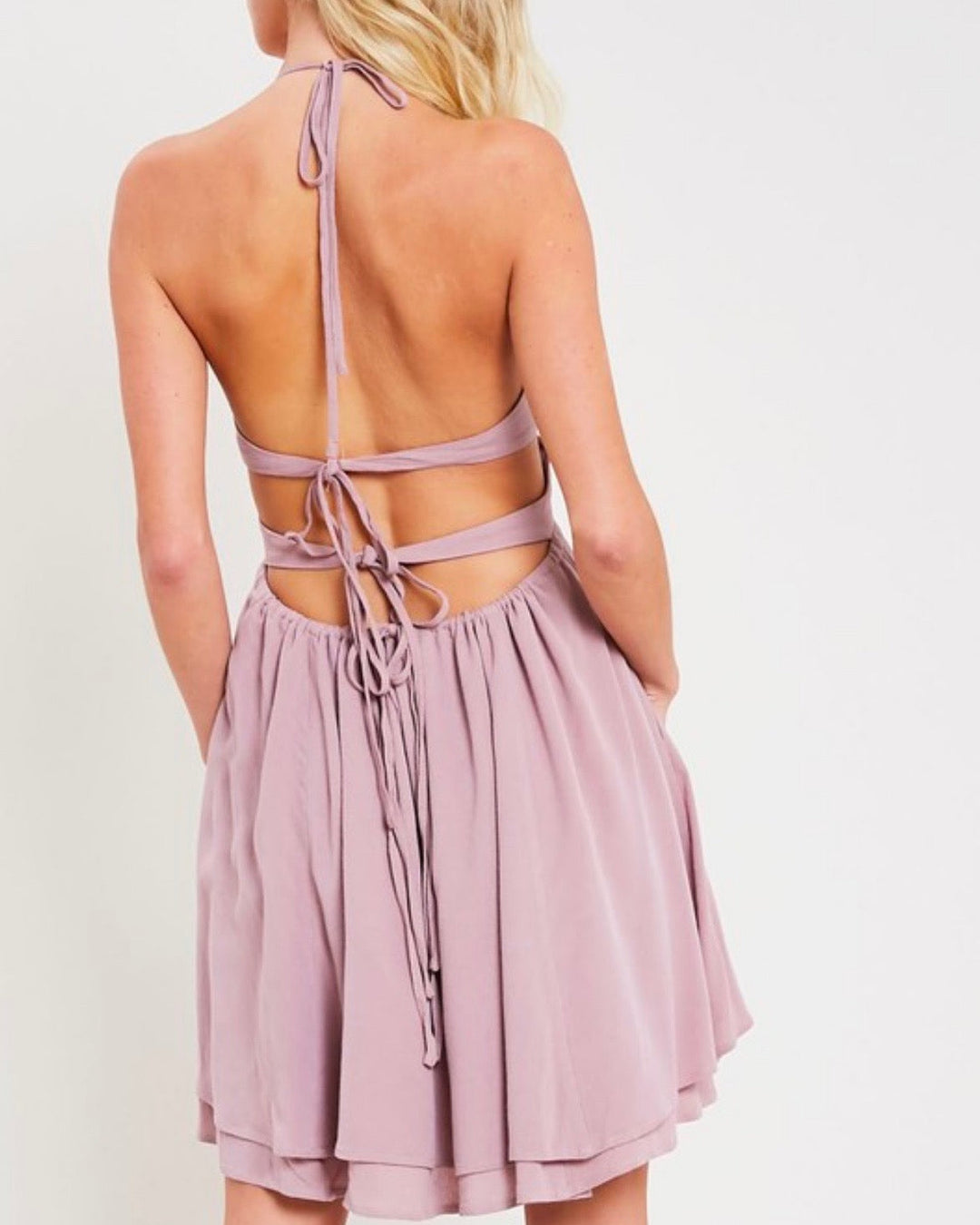 The One That I Want Open Back Halter Neck Flare Dress with Pockets in Mauve