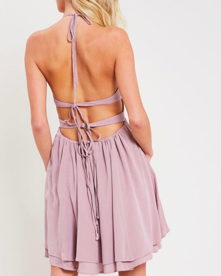 The One That I Want Open Back Halter Neck Flare Dress with Pockets in Mauve