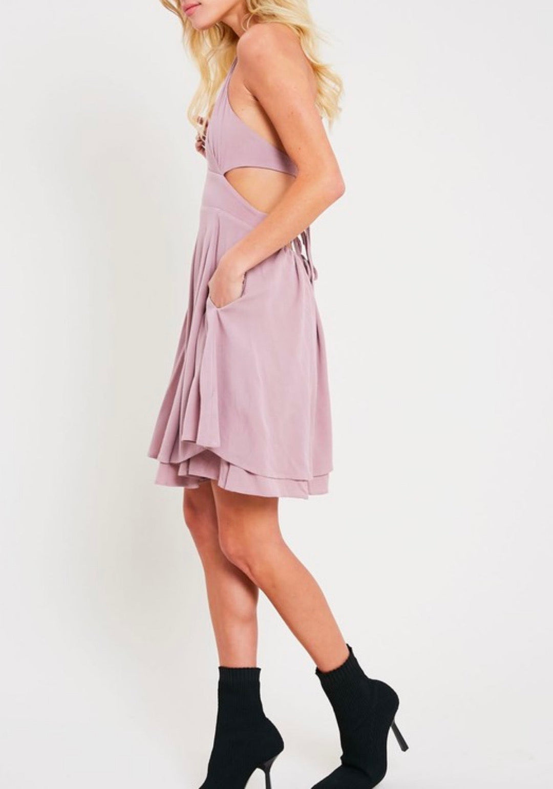 The One That I Want Open Back Halter Neck Flare Dress with Pockets in Mauve