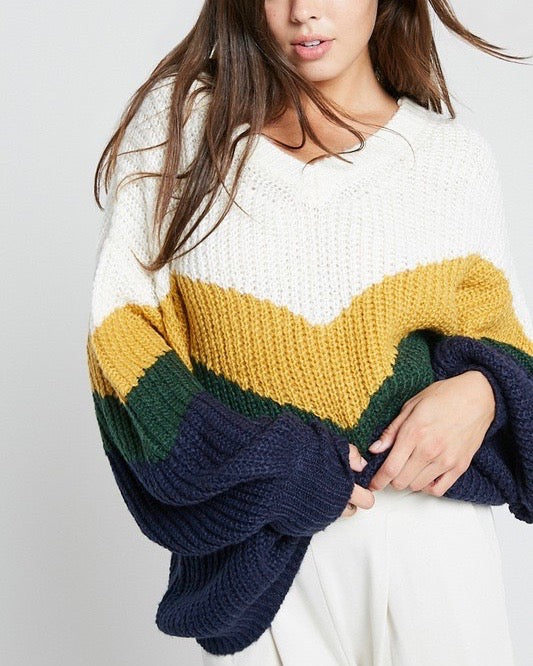 Final Sale - The Way You Look Long Sleeve Chevron Striped V-Neck Sweater in Navy